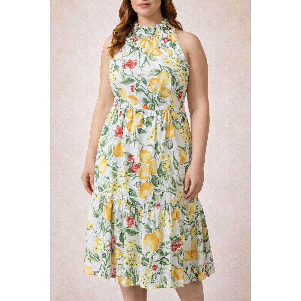 Julia Jordan Lemon Floral Print Dress Cotton Midi Sundress Womens 14 Summer
